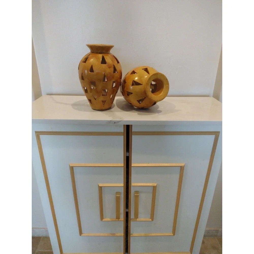 Pair Decorative Perforated Shapes Vase Antique Yellow‎ Resin Oval Shape